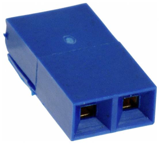 Ein blauer rechteckiger Zweistift-Stecker für elektronische Geräte, mit kompaktem Kunststoffgehäuse und Metallkontakten.