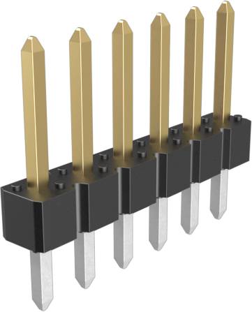 Nahaufnahme eines 6-poligen geraden Stecker-Stiftleiste mit vergoldeten Kontakten und schwarzem Kunststoffgehäuse.