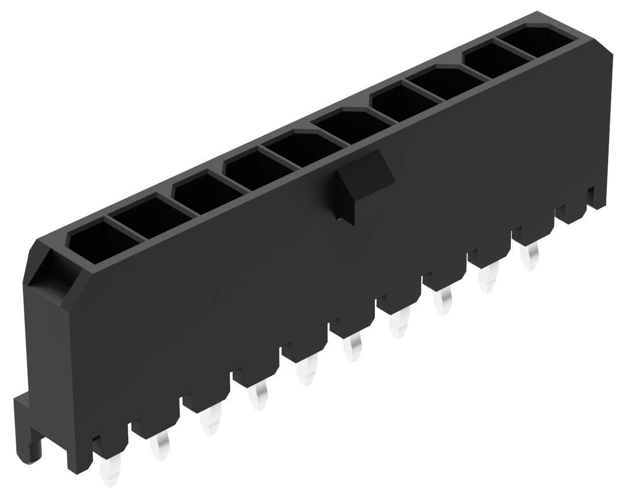 Schwarzer elektronischer Stecker mit acht rechteckigen Schlitzen und mehreren Stiftkonnektoren an der Unterseite, verwendet in Leiterplattenanwendungen.
