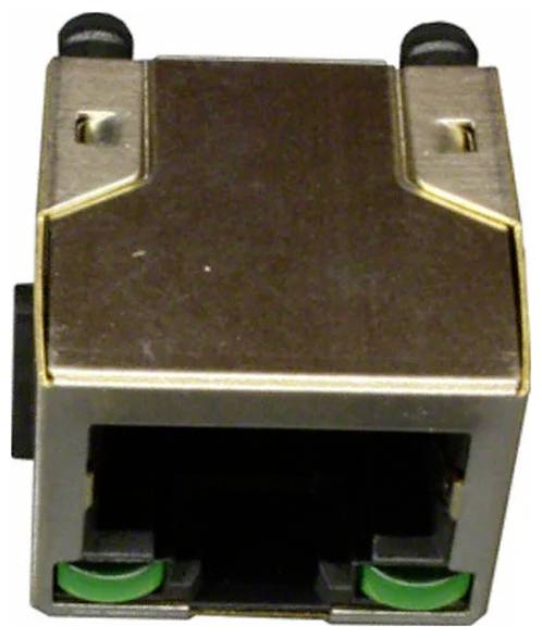 Nahaufnahme eines metallenen RJ45-Netzwerksteckers mit zwei grünen Kontaktpunkten am unteren Ende.