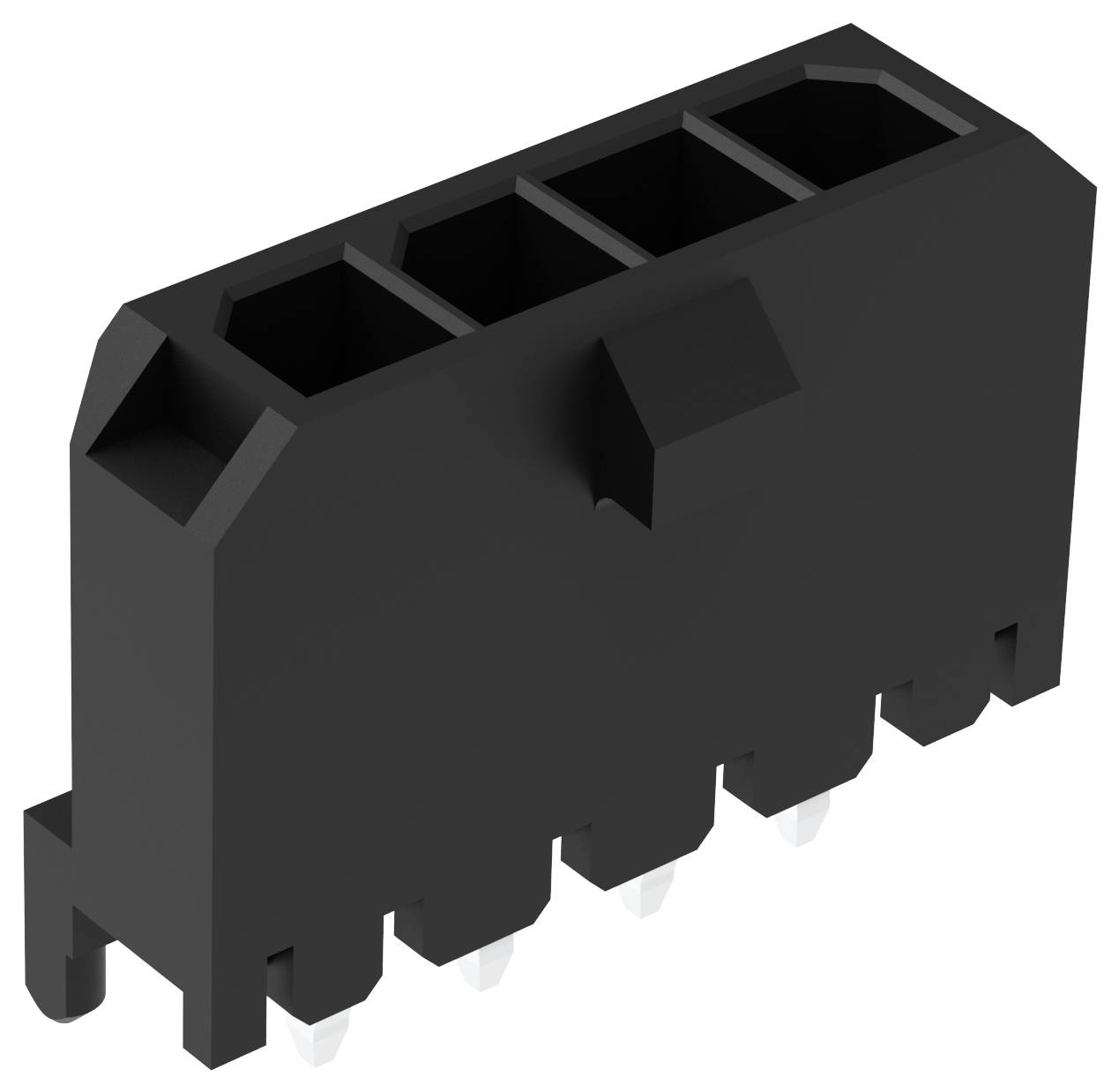 Ein schwarzer, rechteckiger vierpoliger Elektrostecker mit hohler Oberseite und geneigten Seiten.