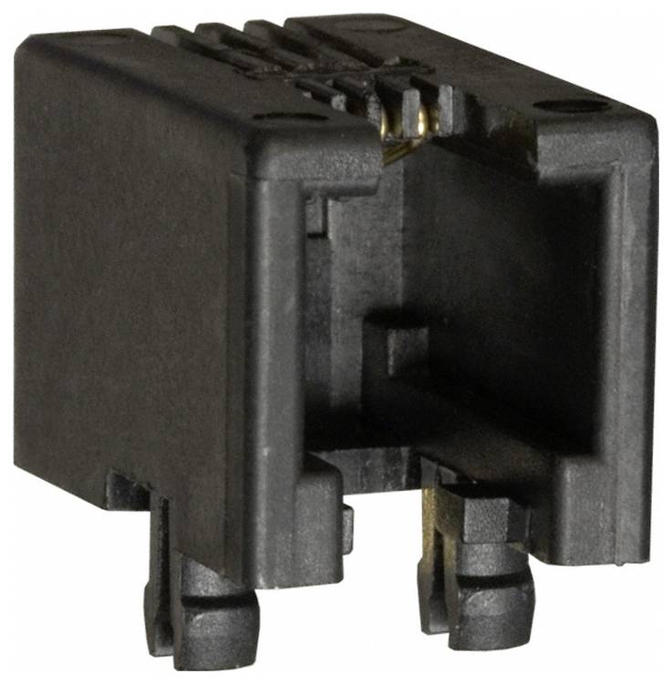 Ein kleiner, schwarzer, rechteckiger Kunststoffstecker mit Schlitzen und Kontaktstiften, wahrscheinlich für die Verbindung elektronischer Komponenten entwickelt.