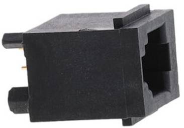 Ein schwarzer rechteckiger modularer Stecker mit gerillten Kanten und Metallstiften.