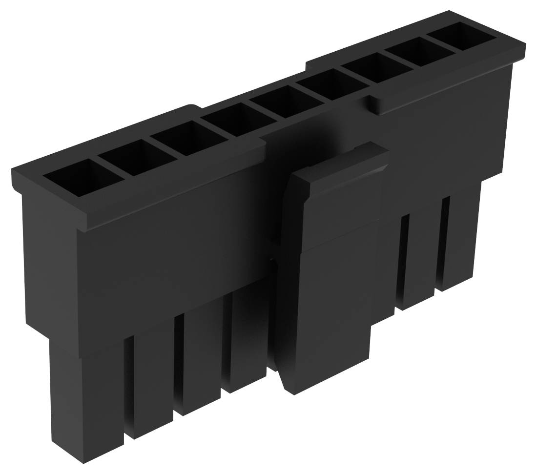 Ein schwarzer, achtpoliger Kunststoff-Stecker mit Verriegelungsclip, typischerweise verwendet in elektronischen oder Computer-Hardware-Verbindungen.