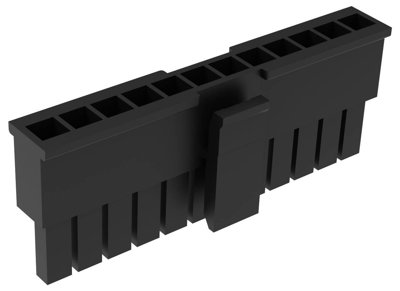 Schwarzer 10-poliger Stecker mit Stift- und Buchsenseite für Elektronik, mit einem sicheren Verriegelungsmechanismus in der Mitte.