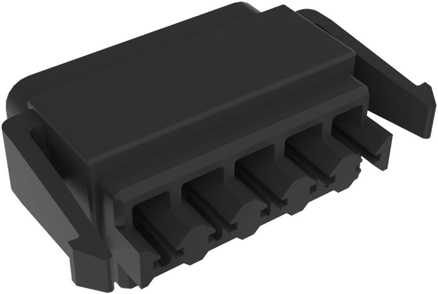 Ein schwarzes elektronisches Bauteil mit mehreren Steckern, wahrscheinlich für Daten- oder Stromverbindungen in elektronischen Geräten verwendet.