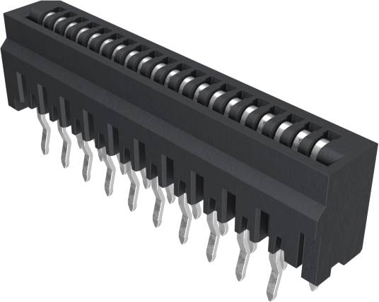 Ein schwarzes Dual-In-Line-Paket (DIP) Steckverbinder mit mehreren Pins zur Montage auf einer Leiterplatte, der abwechselnde Metallkontakte zeigt.