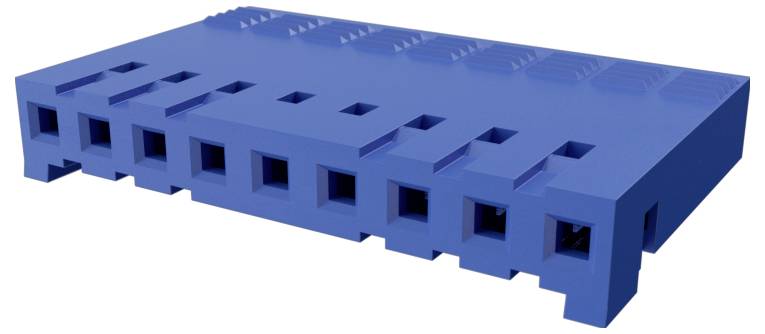 Eine blaue modulare Oberfläche mit verschiedenen quadratischen Aussparungen und erhabenen Mustern, die an ein modernes architektonisches oder industrielles Design erinnert.