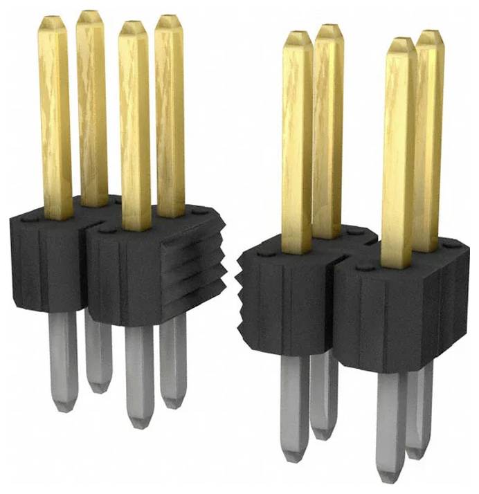 Ein Paar vergoldeter, schwarzer zweireihiger männlicher Stiftleisten mit je drei Stiften, üblicherweise verwendet bei elektronischen Schaltungsverbindungen.