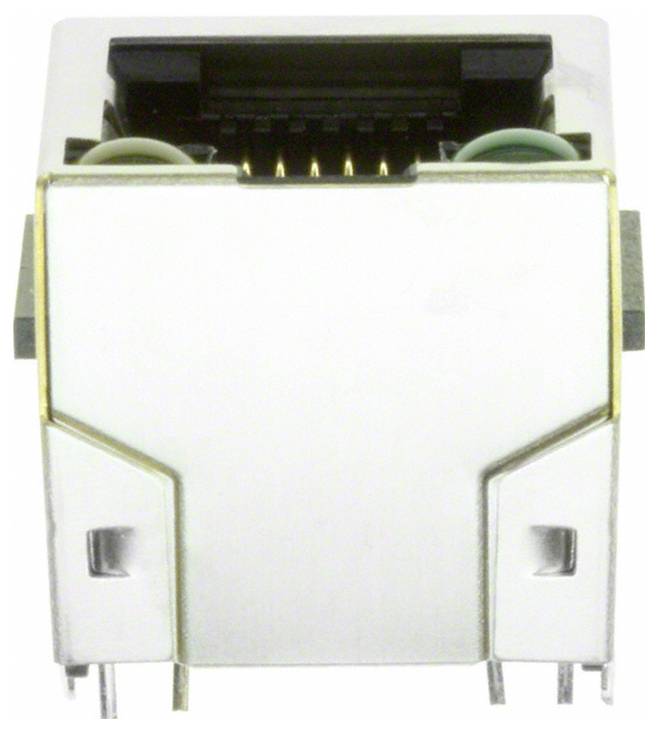 Eine Ethernet-Anschlussbuchse mit metallischem Gehäuse, entwickelt für die Verbindung von Netzwerkkabeln, von vorne betrachtet.