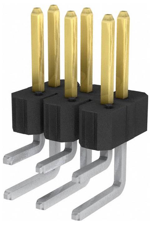 Ein 3x2-Pin-Header mit sechs vergoldeten Pins und einer schwarzen Kunststoffbasis, häufig zum Verbinden von elektronischen Komponenten oder Schaltkreisen verwendet.