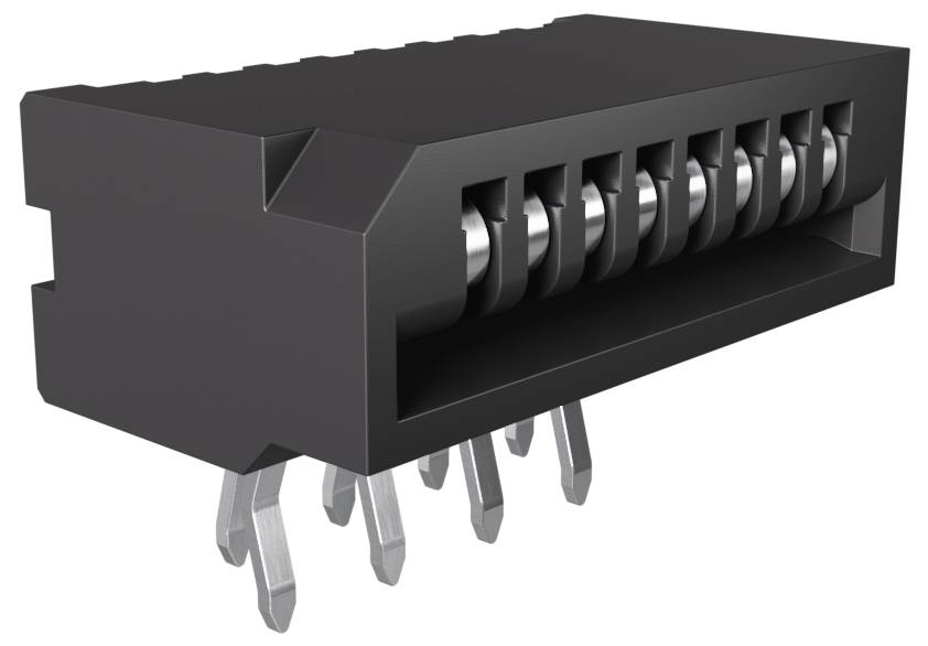 Ein schwarzer rechteckiger elektronischer Stecker mit mehreren Metallstiften zur Befestigung, wahrscheinlich für elektrische Verbindungen auf Leiterplatten verwendet.
