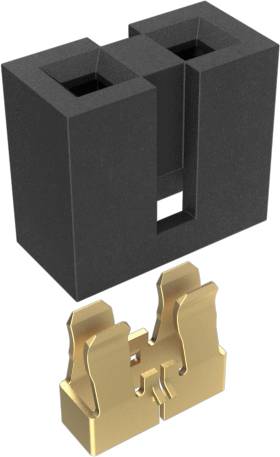Ein schwarzer rechteckiger Stecker mit offener Oberseite und zwei Schlitzen, gepaart mit einer goldmetallischen Komponente, die so konstruiert ist, dass sie in den Stecker passt.