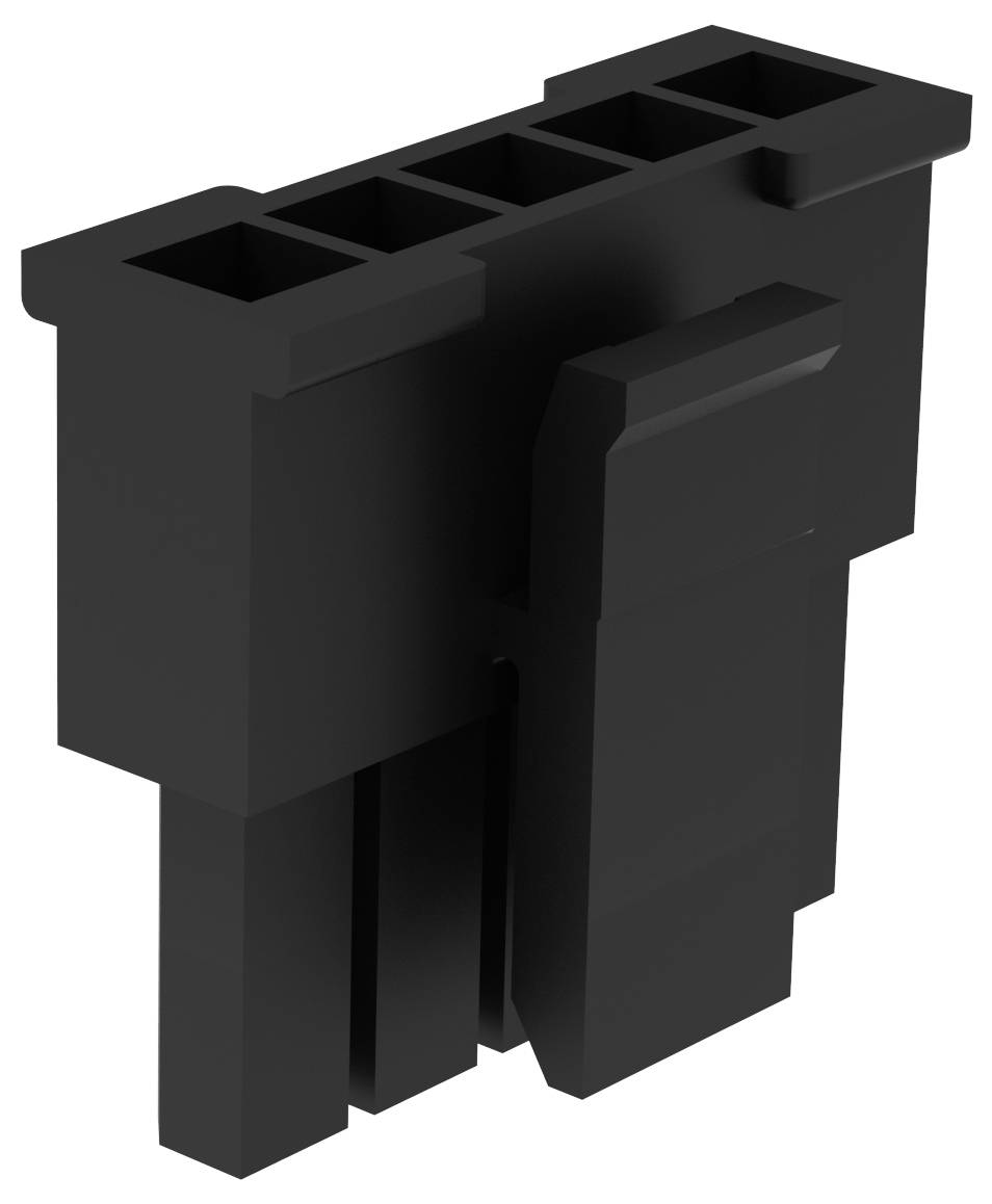 Kunststoffstecker mit schwarzem rechteckigem Gehäuse und fünf Buchsenöffnungen für elektronische oder elektrische Verbindungen.