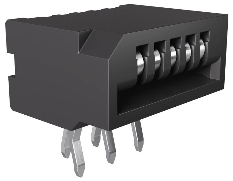 Schwarzer Elektrostecker mit fünf Steckplätzen und metallischen Stiften, die von unten herausragen, wird für elektronische Schaltungsverbindungen verwendet.
