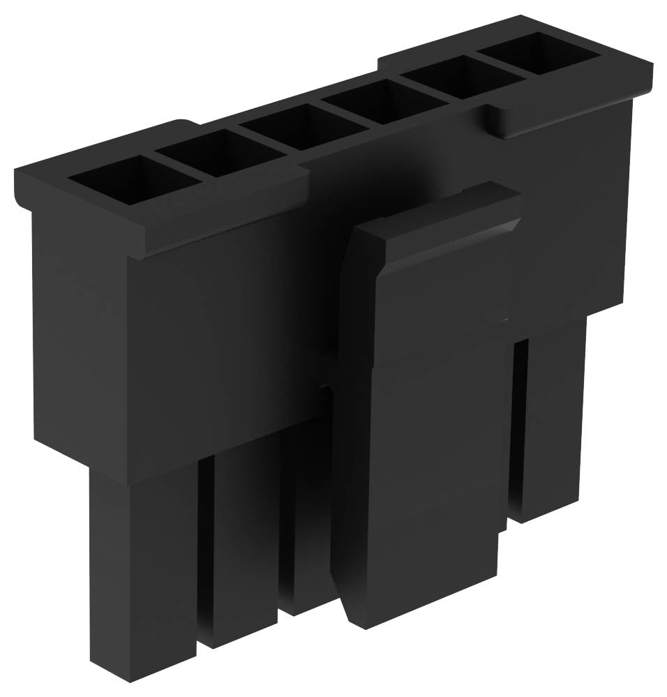 Ein schwarzer Kunststoff-Sechsstift-Stecker, geeignet für elektronische oder elektrische Kabelverbindungen, mit einer Verriegelungsvorrichtung für sichere Verbindungen.