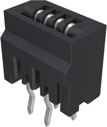Ein schwarzer, rechteckiger 3-poliger Stecker mit Metallkontakten und Stiften, konstruiert zur Montage auf Leiterplatten.