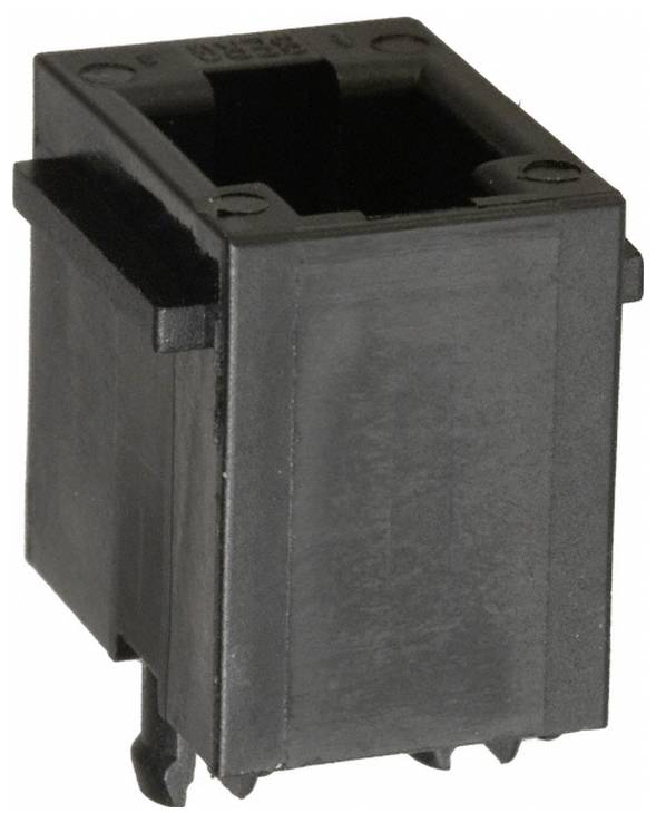 Ein schwarzes Kunststoff-Rechteckgehäuse für eine elektrische Komponente mit einer hohlen Mitte und Befestigungsclips auf der Unterseite.