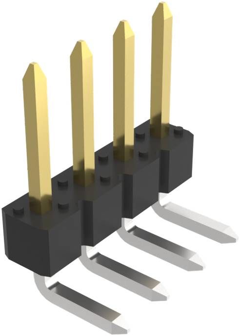 Eine 3D-Darstellung eines vierpoligen männlichen Steckverbinders mit vergoldeten Pins, die im 90-Grad-Winkel von einer schwarzen Kunststoffbasis abgewinkelt sind.