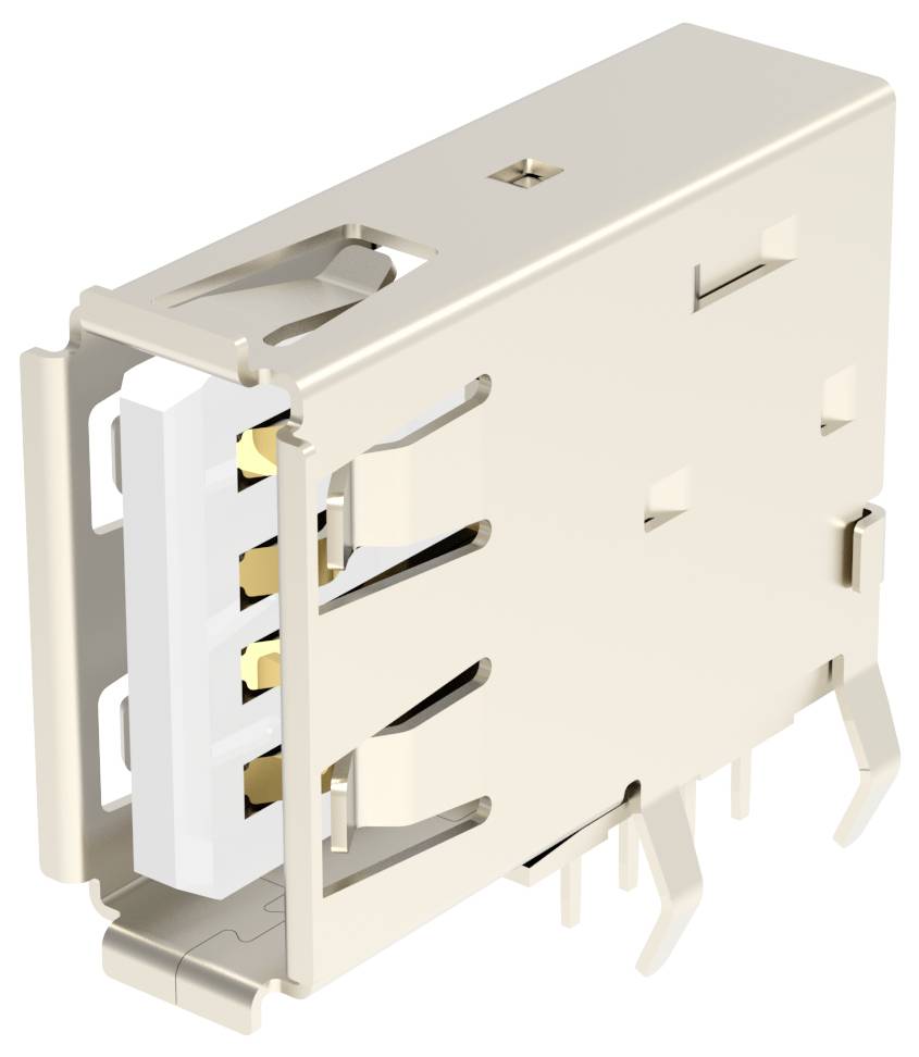 Ein beigefarbener elektrischer Stecker mit mehreren goldfarbenen Kontakten und Befestigungsstiften, entworfen für die Verwendung auf einer Leiterplatte.