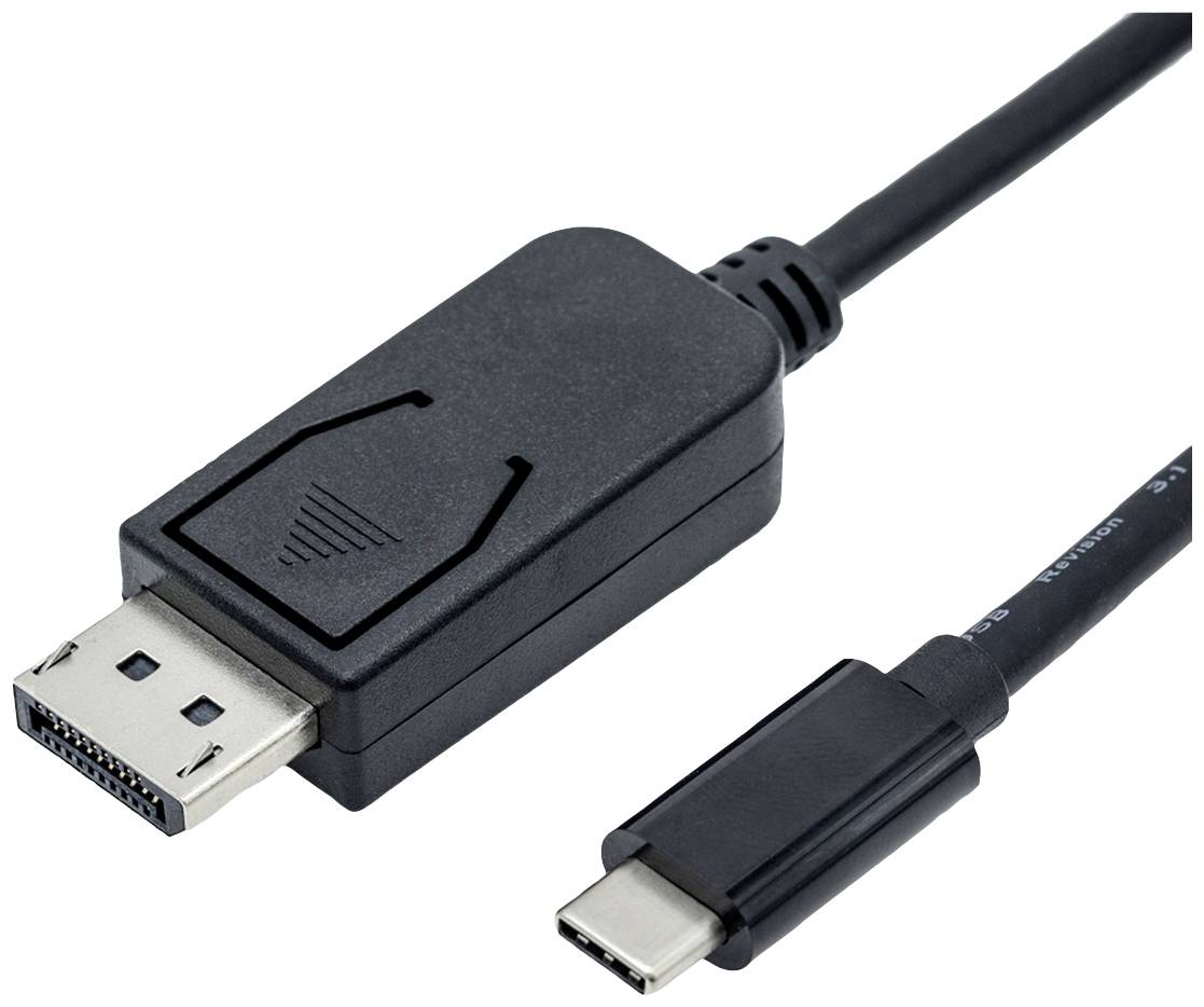 Ein schwarzes Kabel mit einem DisplayPort-Anschluss am einen Ende und einem USB-C-Anschluss am anderen.