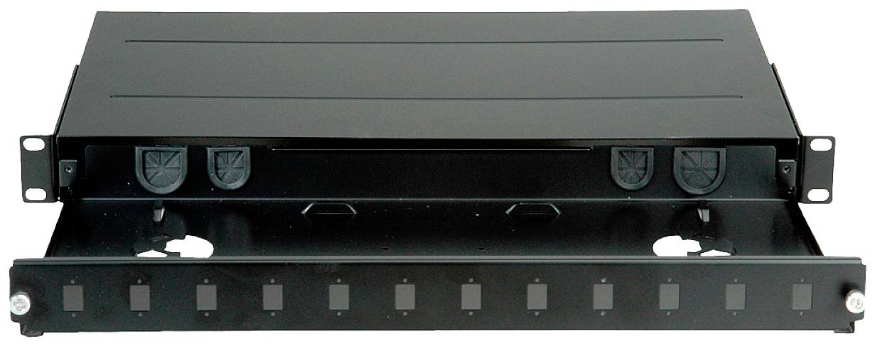 Schwarzes 19-Zoll-Rack-Montagegehäuse mit abnehmbarer Vorderplatte, geeignet für die Aufnahme von Kabeln oder Netzwerkverbindungen.