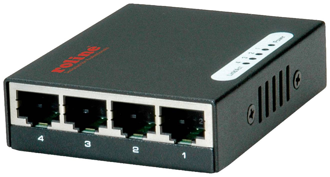 Eine schwarze Netzwerk-Switchbox mit vier Ethernet-Ports, nummeriert von 1 bis 4. Oben ist eine rote 'roline'-Marke zu sehen.