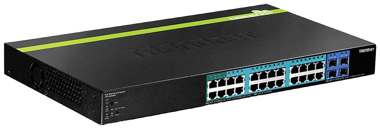 Ein schwarzer Netzwerk-Switch mit mehreren Ethernet-Ports auf der Vorderseite. Geeignet für Büro- oder Heimnetzwerke.