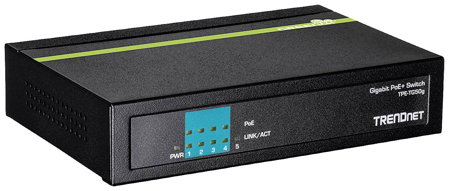Schwarzer Gigabit PoE-Switch von TRENDnet mit grünem Streifen auf der Oberseite, fünf Ethernet-Ports und LED-Anzeigen für Verbindung und Aktivität.