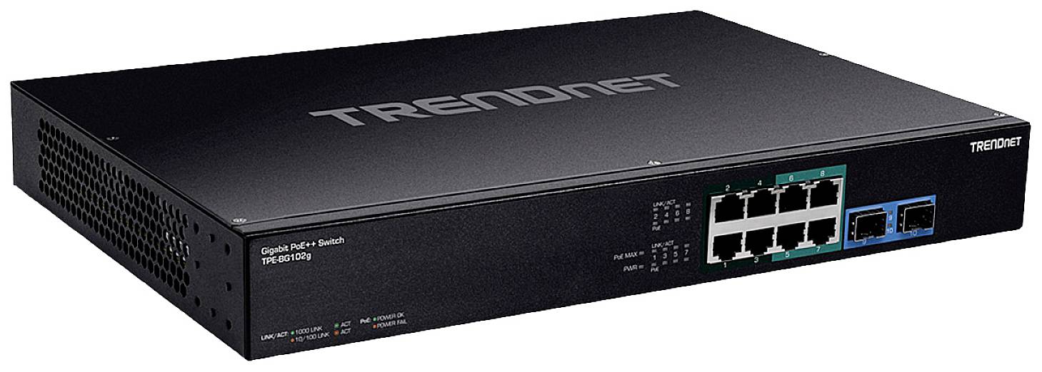 Schwarzer Netzwerk-Switch von TRENDnet mit 8 Ethernet-Ports und 2 SFP-Steckplätzen, Modellnummer TPE-0820WS.