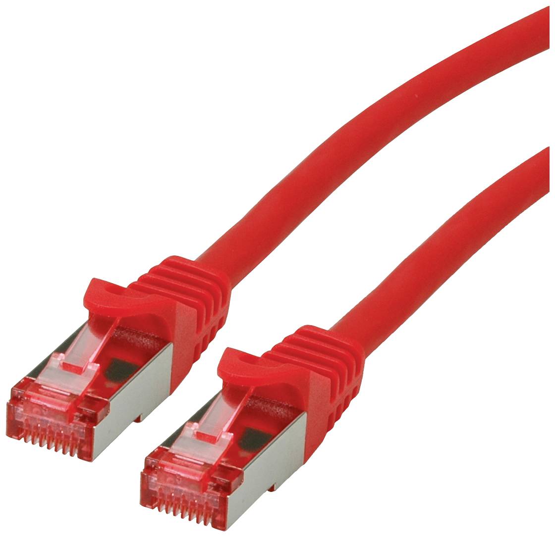 Zwei rote Ethernet-Kabel mit transparenten Steckern zum Netzwerkanschluss.