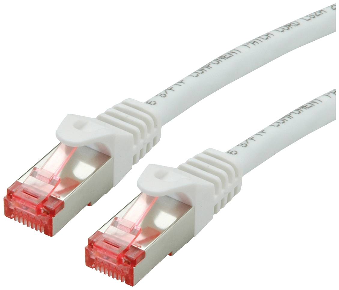 Zwei weiße Ethernet-Kabel mit rot-transparenten Steckern. Die Kabel haben jeweils einen Steckerkopf, der zum Netzwerkanschluss dient.