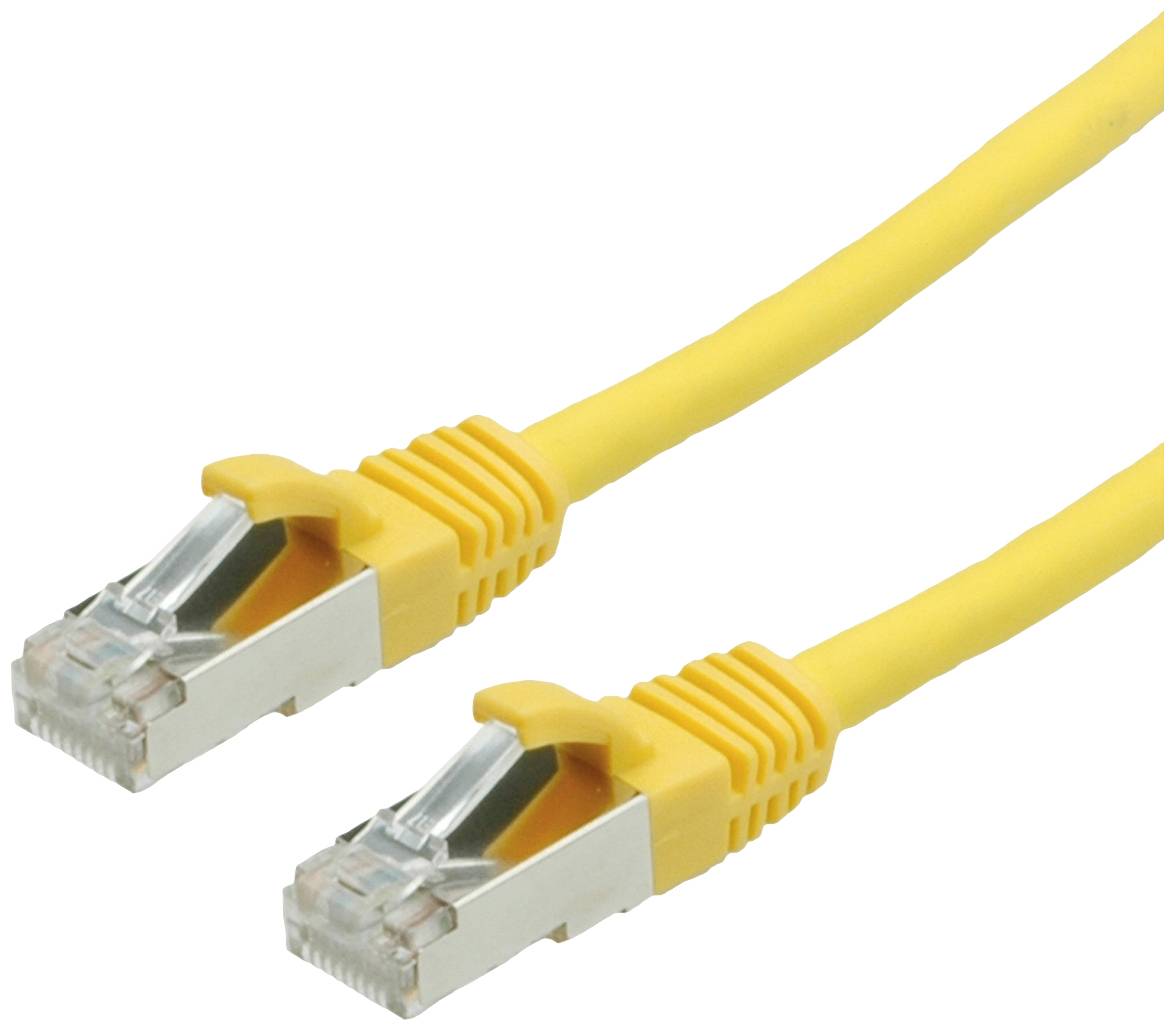 Gelbes Ethernet-Kabel mit zwei RJ-45-Steckern an den Enden, verwendet zur Verbindung von Netzwerkgeräten für Datenübertragung.