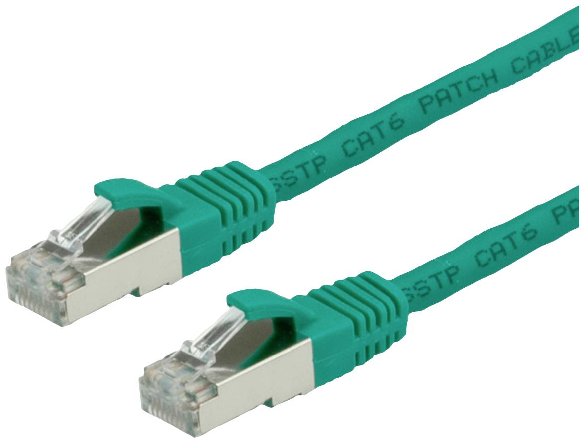 Zwei grüne CAT6-Netzwerkkabel mit Metallsteckern auf weißem Hintergrund. Geeignet für Hochgeschwindigkeitsdatenverbindungen.