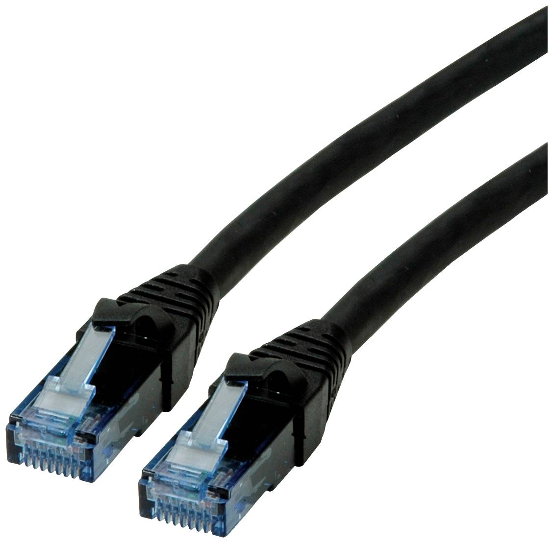 Ein schwarzes Ethernet-Kabel mit blauen Steckern an beiden Enden, das für Netzwerkverbindungen verwendet wird.