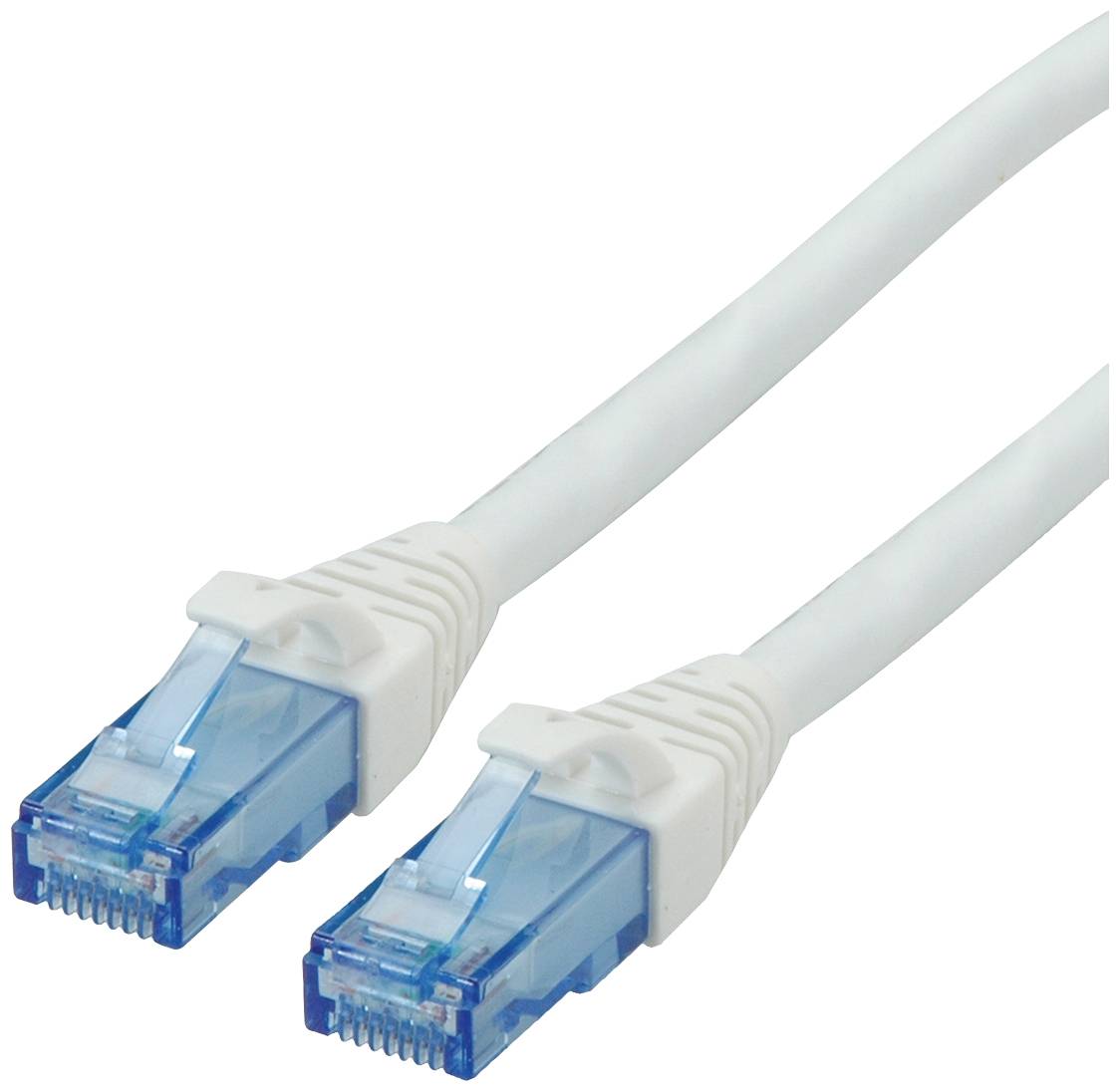 Ein weißes Ethernet-Kabel mit blauen RJ45-Steckern an beiden Enden, verwendet zur Netzwerkverbindung.