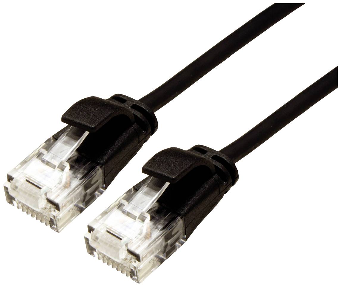 Zwei schwarze Ethernet-Kabel mit transparenten RJ45-Steckern an beiden Enden, die für Netzwerkverbindungen genutzt werden.
