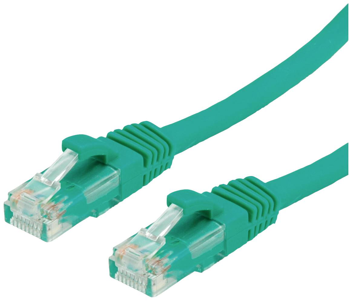 Zwei grüne Netzwerkkabel mit RJ45-Steckern liegen parallel nebeneinander.