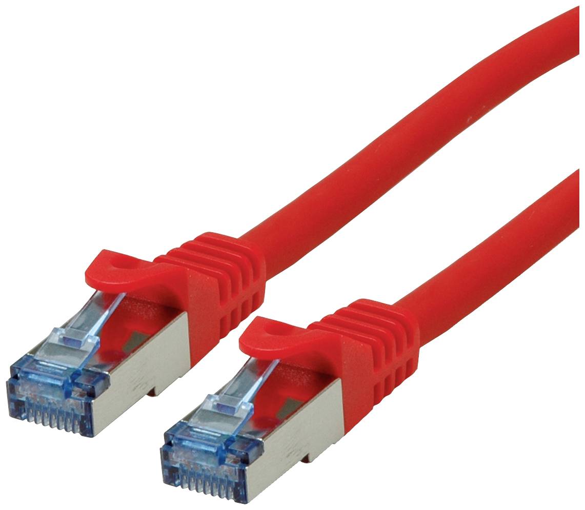 Zwei rote Ethernet-Kabel mit Metallanschlüssen, zur Datenübertragung in Netzwerken verwendet.