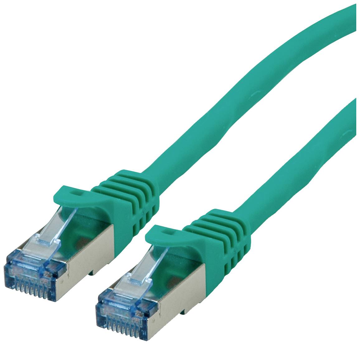 Zwei grüne Ethernet-Kabel mit metallischen RJ-45-Steckern, die für Netzwerkverbindungen verwendet werden.