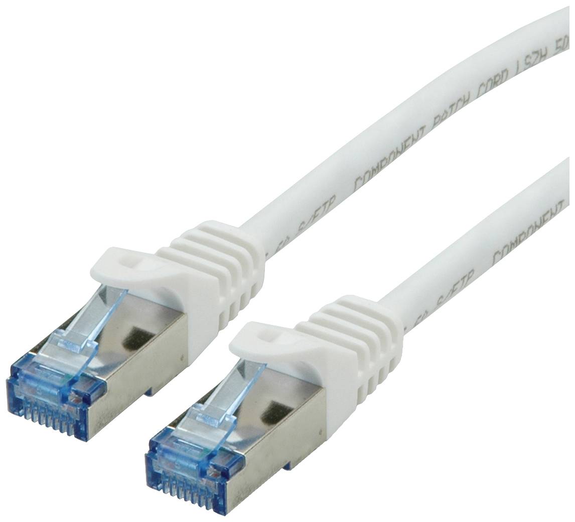 Ein weißes Ethernet-Kabel mit zwei RJ45-Steckern, häufig zur Verbindung von Computern und Netzwerken verwendet.