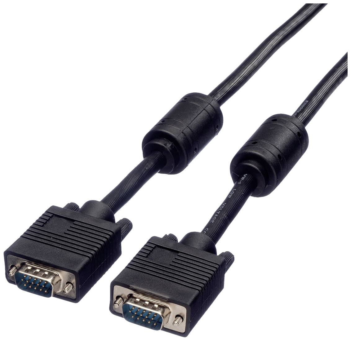 VGA-Kabel mit zwei Steckern, jeweils mit 15 Pins. Kabel ist schwarz und enthält Ferritkerne zur Reduzierung von Interferenzen.