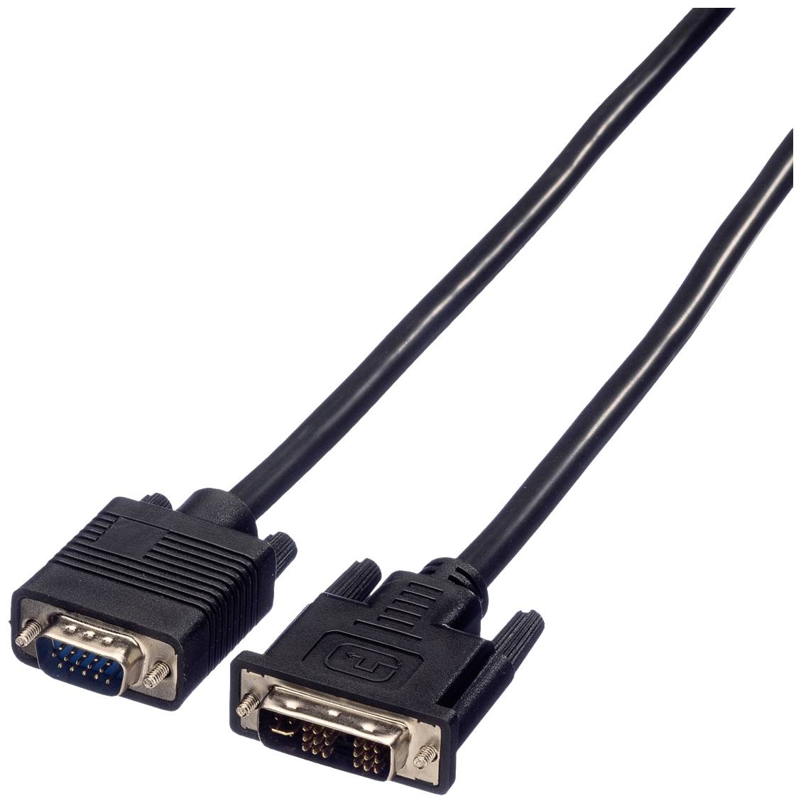 Ein VGA-zu-DVI-Kabel mit schwarzen Steckern, einer davon ist ein VGA-Stecker mit blauen Pins und der andere ein DVI-Stecker mit goldfarbenen Pins.