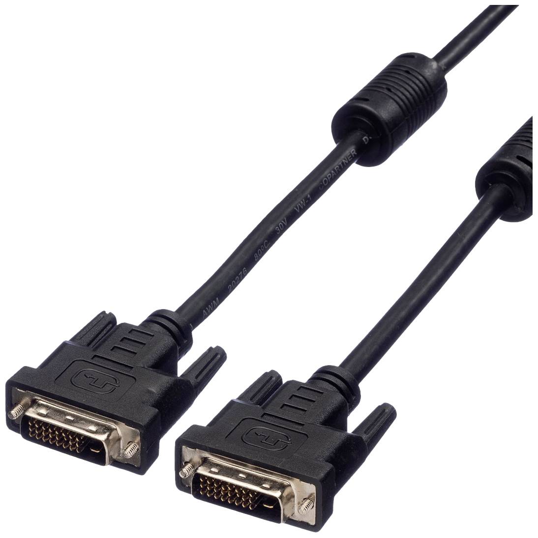Zwei schwarze DVI-Kabel mit männlichen Anschlüssen, die zur Verbindung von Monitoren und Computern verwendet werden.