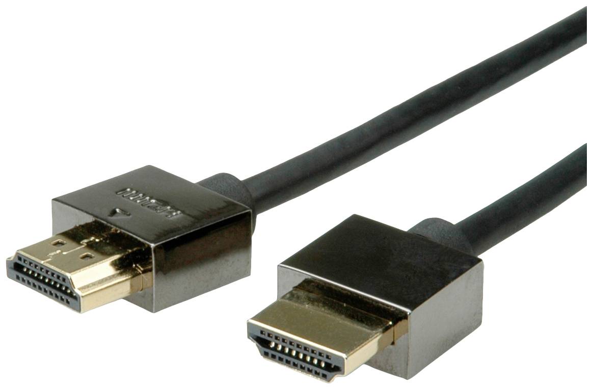 Zwei HDMI-Kabelstecker, einer gold- und einer schwarzfarben, liegen nebeneinander.