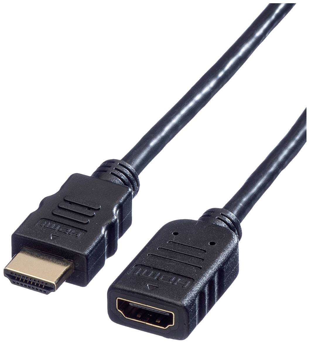 Ein HDMI-Stecker und eine HDMI-Buchse, verbunden durch ein schwarzes Kabel, zeigen die Anschlussmöglichkeiten für Audio- und Videosignale.