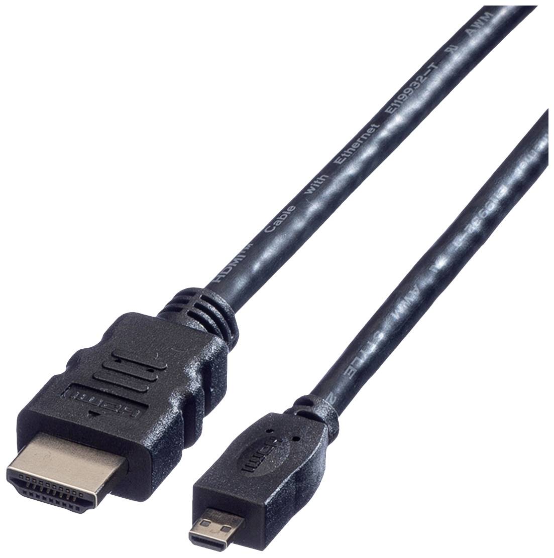 Schwarzes HDMI-Kabel mit Standard- und Mikro-Steckern. Geeignet für den Anschluss von Geräten wie Kameras oder Smartphones an Bildschirme.