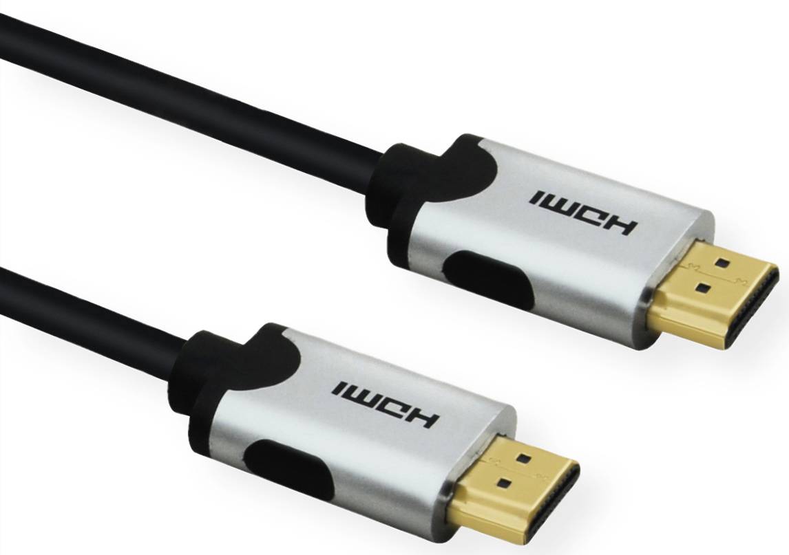 Zwei HDMI-Kabel mit schwarzen Kabeln und metallischen Steckern auf weißem Hintergrund. Sie sind zum Anschluss von AV-Geräten gedacht.