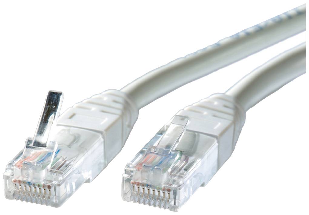 Zwei Ethernet-Kabel mit transparenten Steckern und weißen Ummantelungen, die verwendet werden für Netzwerkverbindungen.