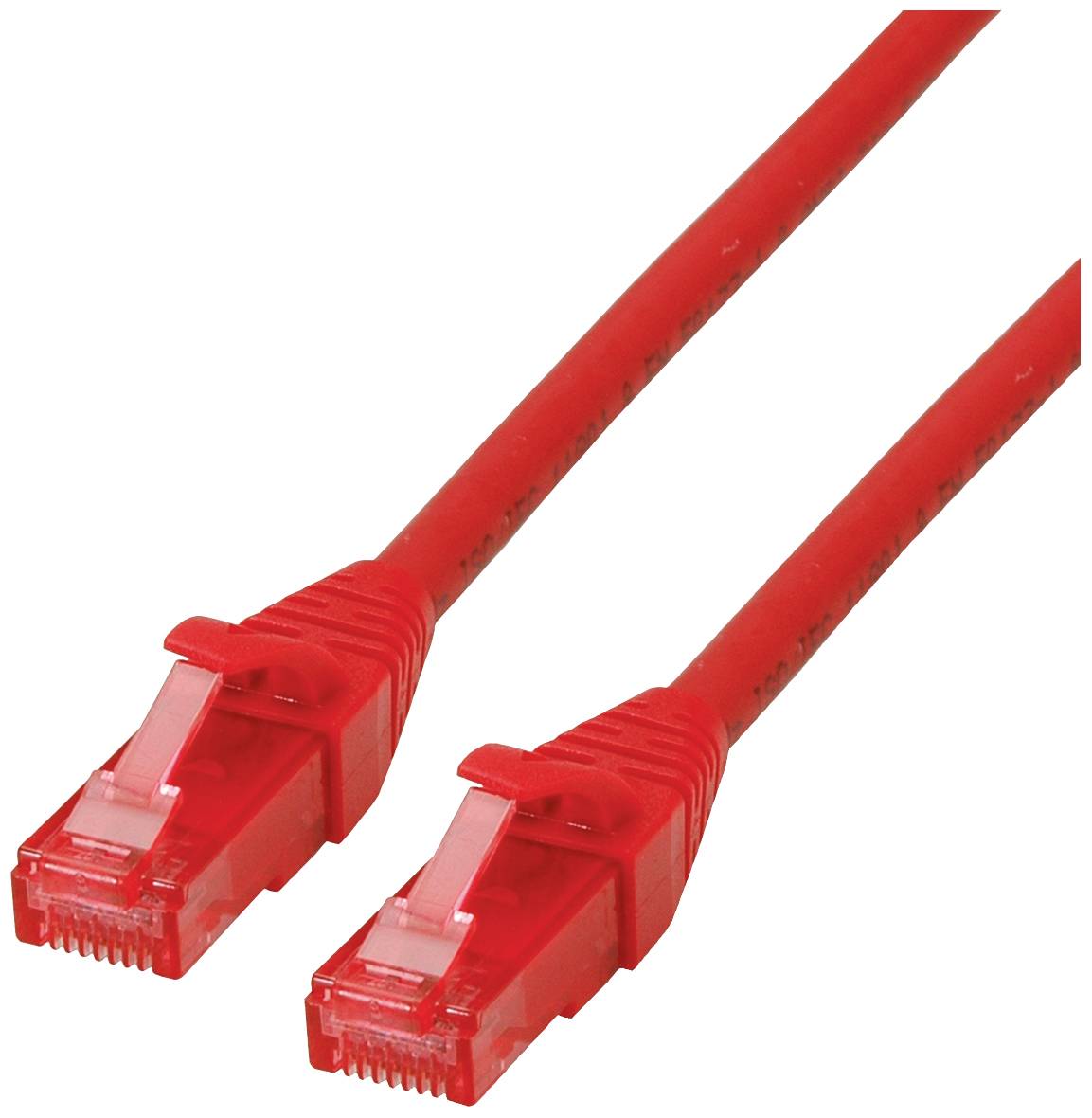 Rotes Ethernet-Kabel mit zwei RJ45-Steckern, verwendet für Netzwerkverbindungen wie LAN oder Internet, auf weißem Hintergrund.